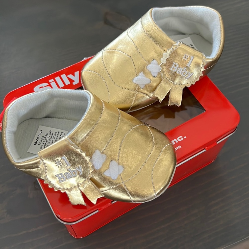 #1 Baby gold embroidered 18-24 month Velcro shoes.  Brand new!